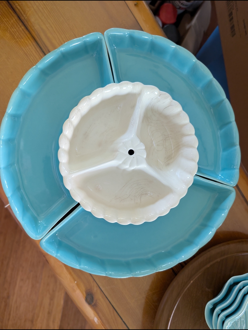 Vintage 40's Turquoise Ceramic Divided White Center On Wooden Turntable